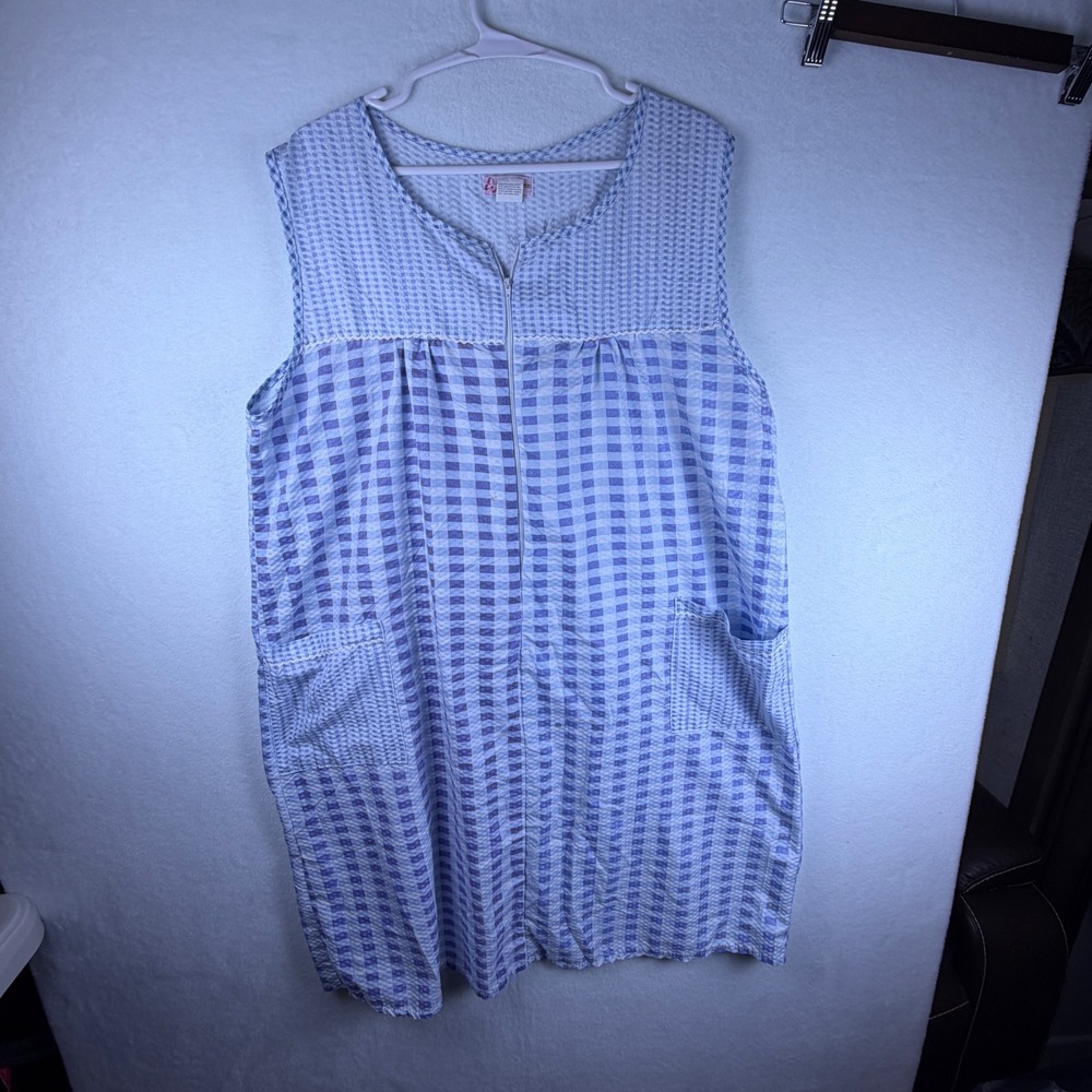 Lati Fashion Womens XXL Blue Gingham Seersucker Zip Front House Dress Lounger